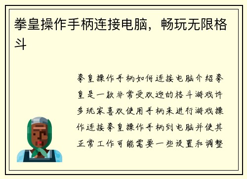 拳皇操作手柄连接电脑，畅玩无限格斗