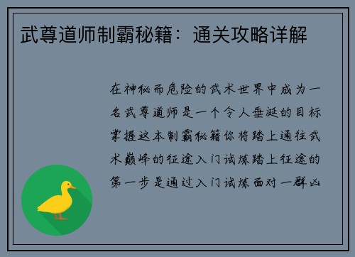 武尊道师制霸秘籍：通关攻略详解